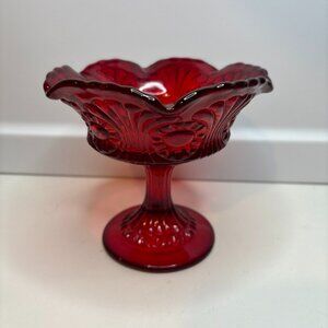 VINTAGE FENTON GLASS RUBY RED TOKYO PEDESTAL COMPOTE BOWL About 5” Tall
